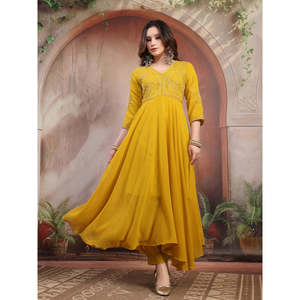 ชุดอานาร์กาลีปักลายมัสตาร์ดสำหรับผู้หญิง พร้อมผ้าคลุมไหล่ ผ้าจอร์เจตต์และผ้าไหม ชุดพื้นเมืองอินเดีย ชุดปากีสถาน ชุดสัลวาร์ - Product Image 5