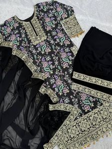 Venta caliente pura seda Chinon hermoso bordado y Cording trabajo Top con Palazzo y Dupatta conjunto cosido completo listo para usar - Product Image 2