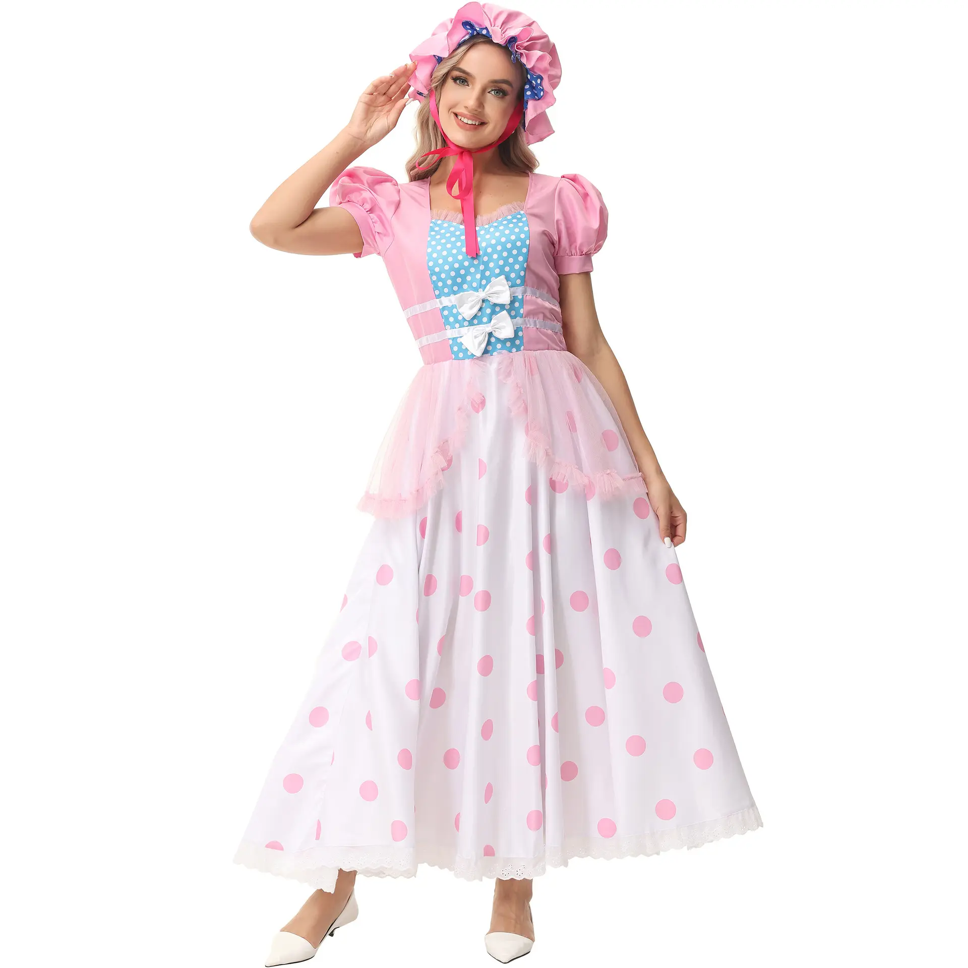 2024 Baige nuevo diseño mujeres Halloween carnaval disfraces chica adulta rendimiento miel princesa vestido con sombrero