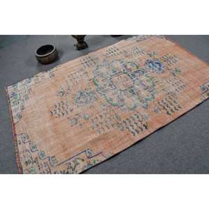 Alfombra de lana azul beige vintage de 4.4x7ft, alfombra turca clásica de área grande, patrones de pasillo de retazos abstractos, respaldo de látex para habitaciones - Product Image 2