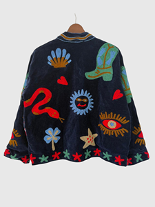 Hand Embroidered Velvet Bomber <b>Jacket</b> Mandarin Collar Full Sleeve Adult Autumn Wear <b>Patchwork</b> Design - Product Image 3