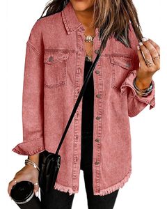 Chaqueta Vaquera Extra Grande de Algodón Cómoda Personalizada OEM para Mujer, Chaqueta Vaquera Básica con Botones y Bolsillos, Mangas Largas, Chaquetas Vaqueras de Punto para Otoño e Invierno - Product Image 1