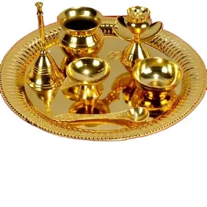 手工制作的黄铜金色抛光Pooja Thali与Agarbati Stand Diya Holder排灯节Pooja婚礼Mandap欢迎Thali