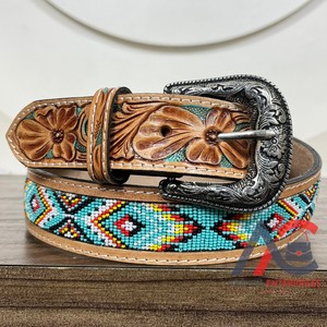 Ceintures perlées en cuir usiné à la main de belle qualité avec logo personnalisé en cuir de vachette véritable ceintures à boucle ardillon de créateur de luxe en vente - Product Image 1