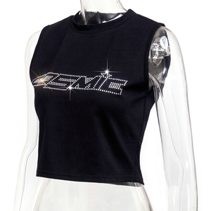 OEM Low MOQ Custom Bling Brand Logo Sports Crop Vest Lady Streetwear Sleeveless <b>Rhinestones</b> Cropped Tank <b>Tops</b> - Product Image 3