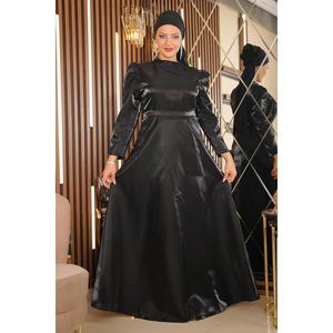 ชุดราตรีสีดำ MSW19128-1 สำหรับคนไซส์ใหญ่ ชุดออกงานทรงบอลกาวน์ ไหล่รูด คอสูง แขนสั้น ทรงเอ็มไพร์ ยาวแบบแม็กซี่ ไซส์ XS-XL - Product Image 4