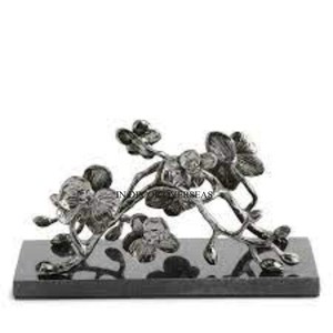 Black Color Marble Made Base With Aluminum Casted <b>Silver</b> Shiny Polished Flowers Designer <b>Napkin</b> Holder Table Centerpiece Supply - Product Image 1