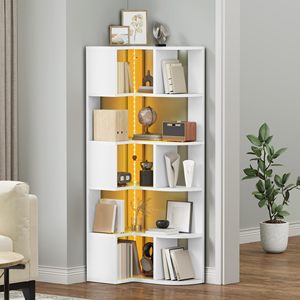 Étagère d'angle moderne <span class=keywords><strong>blanche</strong></span> en gros avec éclairage LED, bibliothèque géométrique haute à 6 niveaux, étagère de présentation gain de place pour bureau à domicile - Product Image 2
