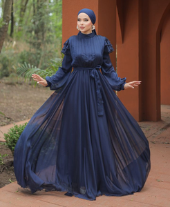 Latest Modest Turkish Maxi <b>Abaya</b> Designs Beautiful Long Flair Styles Ball Gown <b>Chiffon</b> Fabric Belt Natural Waistline Wholesale - Product Image 1