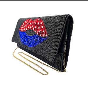American Kiss USA Cadena de lujo Bolso de mano Labios de lentejuelas Bandera patriótica Semilla Estilo cruzado con cuentas para eventos nocturnos - Product Image 4