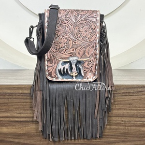 New Handcrafted Tooled Cow Leather Fringe Crossbody Sling Bag Elegant & Fashionable Western Style Women Shoulder Purse Hand Bag - Product Image 1