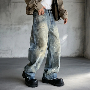 Jean en denim taille haute à jambe large avec broderie de sequins et imprimé scintillant, coupe ample, en coton délavé, style streetwear, collection automne - Product Image 4