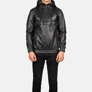 Dernier modèle de sweat à capuche en cuir pour homme à bas prix/Sweat à capuche personnalisé en cuir de couleur unie pour homme avec demi-fermeture éclair - Product Image 5