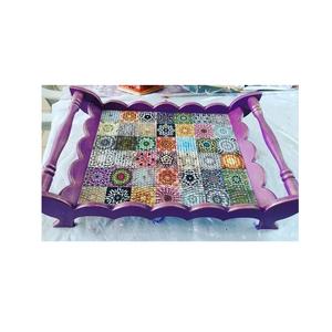 Plateau de service décoratif traditionnel indien en bois d'acacia Meena artisanal, écologique, luxueux, coloré et personnalisable pour la maison - Product Image 3