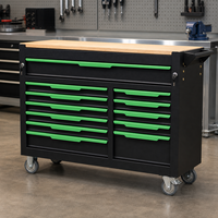 Banc de travail de garage robuste à douze tiroirs avec poignée verte sur roulettes, personnalisable OEM pour l'entretien industriel