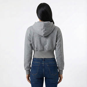 Vêtements de sport pour femmes OEM personnalisés, sweats à capuche courts à taille haute, ourlet côtelé large, épaules tombantes, manches bouffantes, en molleton de coton, vente en gros - Product Image 3