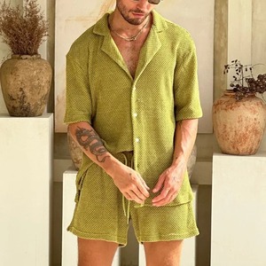 <b>Men's</b> <b>Summer</b> Casual Beach Style Two-Piece Set Breathable Knitted Short Sleeve <b>Shirt</b> and Shorts Pure Color Outfits - Product Image 6