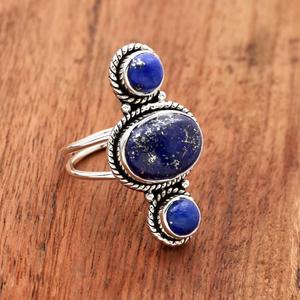 Natural Lapis <b>Ring</b> 925 Sterling Silver Oval Gemstone Bezel Setting Bohemia Christian Double Band <b>Statement</b> Jewelry Gift for - Product Image 2