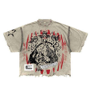 <b>Mens</b> Vintage Boxy Cropped Knitted T-<b>Shirt</b> | Acid Wash Graphic Print Distressed 100% Cotton Eco-Friendly Breathable - Product Image 2