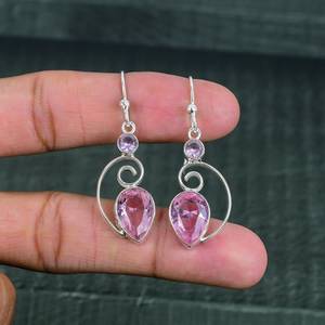 Pendientes colgantes de kunzita con luz rosa de plata 925, joyería de piedras preciosas con brillo suave para mujeres modernas para fiesta y regalo - Product Image 1