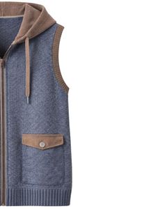 Manufacturer Custom <b>Men</b> Blue With Brown Hooded Sleeveless Knit <b>Vest</b> Wool Acrylic Blend Full Zipper Winter Casual <b>Sweater</b> Jacket - Product Image 4