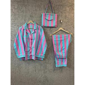 Jaipur's Bohemian Stripe Print Hand Block Printed Cotton Woven Pajama Set Soft Sleepwear Button Drawstring Casual <b>Bridal</b> - Product Image 3