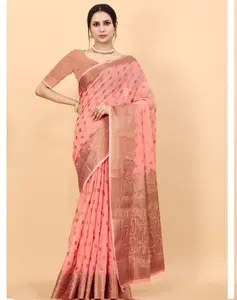 Saree Katun Sutra Pakaian Pesta Pernikahan India Terbaru Desainer Banarasi Katun Sutra Saree dengan Blus Wanita