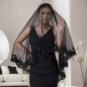 Velo de Lujo Bridella V65A, Negro Perla y Encaje, Tul Suave, Ajuste Cómodo para Bodas, Fiestas, Graduaciones, Apliques Bordados Largos - Product Image 1
