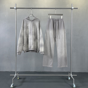 Wholesale Winter Vintage Blank Distressed Hoodie Custom Heavyweights Acid Washed Streetwear Oversized <b>SweatPants</b> Hoodie <b>Set</b> - Product Image 5