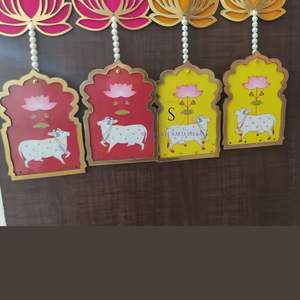 Shubh Labh Lotus Pichwai Cow Printed Puja Decor High Quality Multicolor <b>Door</b> Hanging With Golden <b>Beads</b> <b>for</b> Diwali Decoration - Product Image 2