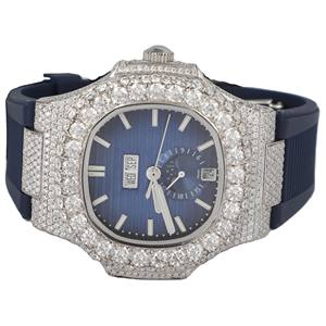 Montre unisexe de luxe tendance, cadran bleu semi-givré, diamants en moissanite VVS, style hip-hop personnalisé, bracelet en caoutchouc bleu foncé - Product Image 1