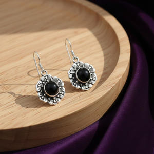 925 Sterling Silver Floral Drop <b>Earrings</b> <b>Black</b> Onyx Stone | Gold Trendy <b>Dangle</b> <b>Earrings</b> for Women | Party Jewelry Wholesale - Product Image 2