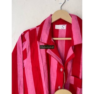 Conjunto de pijama de verano de rayas rojas y verdes de algodón al por mayor, camisa de punto, pantalón de 3 piezas, pantalones cortos Unisex, ropa de dormir transpirable para mujer - Product Image 4