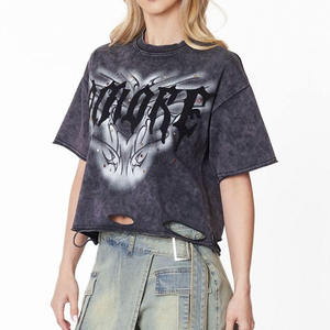 Custom Logo Women Summer Crop Tee 100% Cotton <b>Drop</b> Shoulder Short Sleeve Printed Vintage <b>Acid</b> Wash Distressed Crop Top T-shirt - Product Image 5