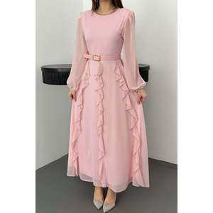 เดรสชีฟองผูกเข็มขัดสีชมพู - สีชมพู - Product Image 4