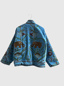 Veste en coton bleue brodée à la main avec motif d'éléphant, col mandarin, manches longues, taille plus, vêtements d'automne pour femmes - Product Image 2