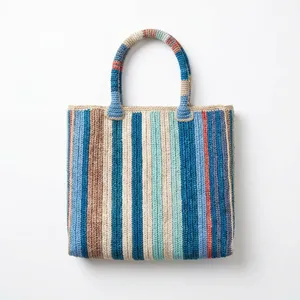 Sac fourre-tout portable en coton rayé au crochet, motif bonbons, style bohème, printemps-été, sac à main de plage pour femme, ouverture supérieure - Product Image 3
