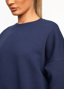 100% algodón azul marino liso en blanco al por mayor personalizado de gran tamaño de las mujeres Sudadera con capucha de cuello redondo - Product Image 5