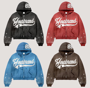 Sudaderas personalizables de gran tamaño con cremallera efecto de lavado ácido desgastado Logotipo de moda bordado estilo sólido ropa de calle sudaderas - Product Image 1