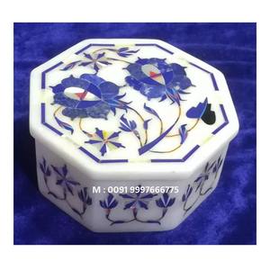 Boîte de rangement pour bijoux en marbre blanc avec incrustation unique en lapis-lazuli bleu, forme octogonale, pour le rangement - Product Image 1