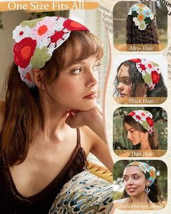 Fasce <span class=keywords><strong>per</strong></span> capelli all'uncinetto da donna e ragazza, foulard vintage lavorato a maglia con motivo floreale boho - Product Image 5