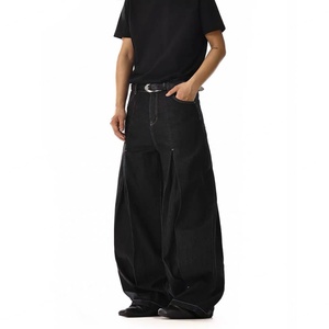 Vaqueros anchos de mezclilla para hombre, estilo baggy, con pliegues profundos delanteros y traseros, mezclilla negra cruda de alta resistencia, costuras en contraste blancas - Product Image 2