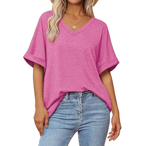 เสื้อยืดคอวีแขนสั้นลายกุหลาบสีพื้นสำหรับฤดูร้อนของผู้หญิงเสื้อยืดพิมพ์ลายเองได้แฟชั่นฤดูร้อนผ้าแคนวาสแบบว่างเปล่า - Product Image 1