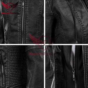Chaqueta de cuero genuino negro para mujer, estilo motero, con cuello alto, paneles laterales acanalados, abrigo de piel de oveja, bolsillos con cremallera en la cintura, corte ajustado, estilo moderno. - Product Image 4