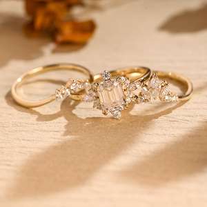 Conjunto de banda de boda Vintage de oro sólido para mujer, Plata de ley de corte esmeralda Original para fiestas, compromiso, regalo del Día de San Valentín - Product Image 1