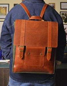 <b>Leather</b> Canvas Luxury <b>Backpack</b> Large Capacity Portable Breathable Lightweight Eco-Friendly Vintage Travel School <b>Laptop</b> Model - Product Image 1