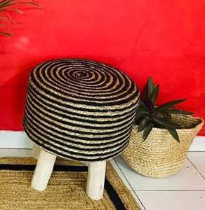 Taburete Otomano Móvil de 2 Piezas con Base de Madera Trenzada de Yute y Algodón Negro de Diseño Moderno para Decoración de Bodas - Product Image 1