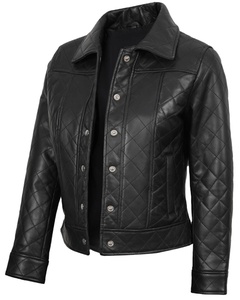 Luxury Womens Black Genuine Leather Woven <b>Quilted</b> Zipper Slim Fit Textured Designer Biker Jacket Crew Neck Premium Custom OEM - Product Image 2