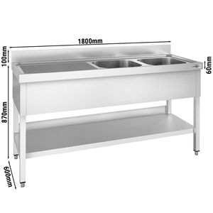 อ่างล้างจานสแตนเลสเกรดพรีเมียมสำหรับเชิงพาณิชย์ - 1800x600 มม. - อ่างคู่แบบวางขวา - พร้อมชั้นวางด้านล่าง - พร้อมขาตั้ง - Product Image 2