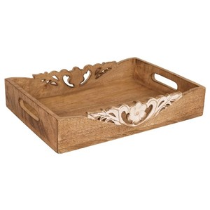 Bandeja de madera de mango rectangular con radio de 10x18 pulgadas de color azul marino con asas de metal dorado con bordes redondeados para servir y decorar - Product Image 4